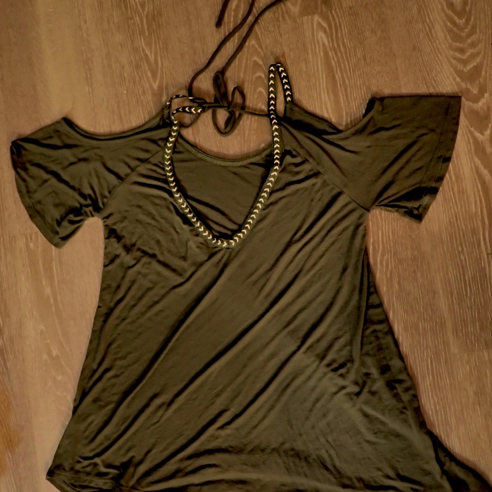 Olive and white cut off shoulder blouse